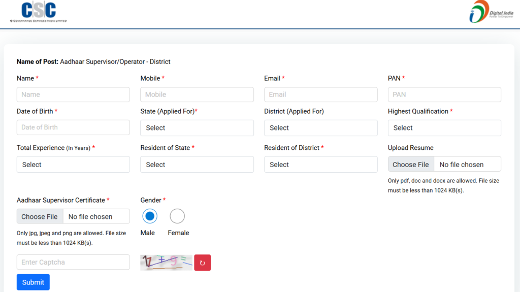 CSC Aadhaar Supervisor Vacancy 2026