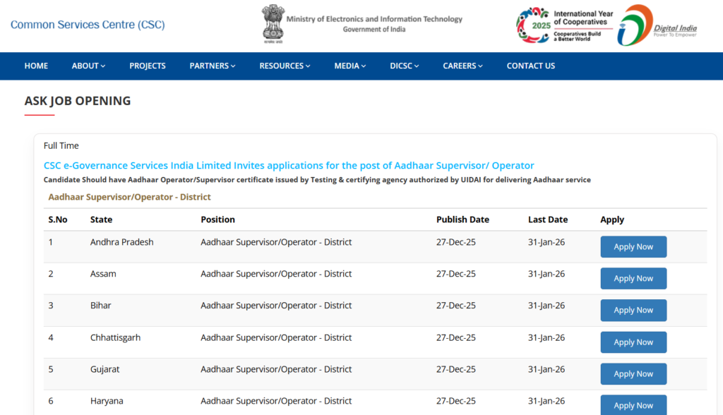 CSC Aadhaar Supervisor Vacancy 2026