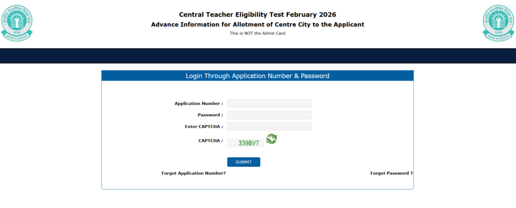 CTET February City Intimation Slip 2026