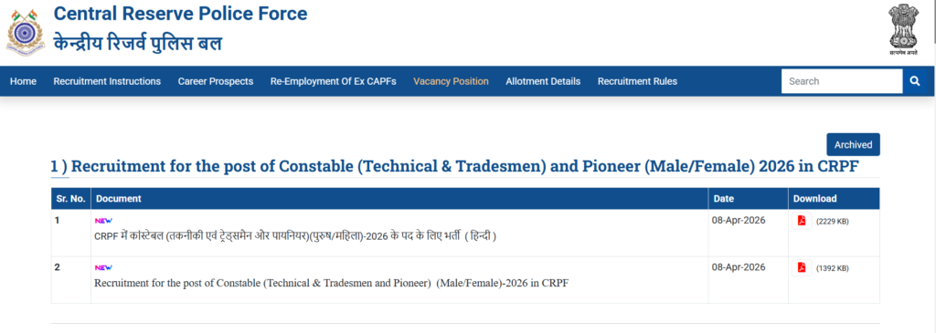 CRPF Constable Tradesmen Vacancy 2026