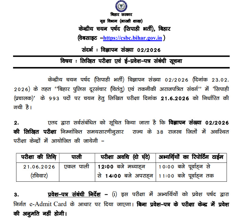 Bihar Police Constable Operator Admit Card