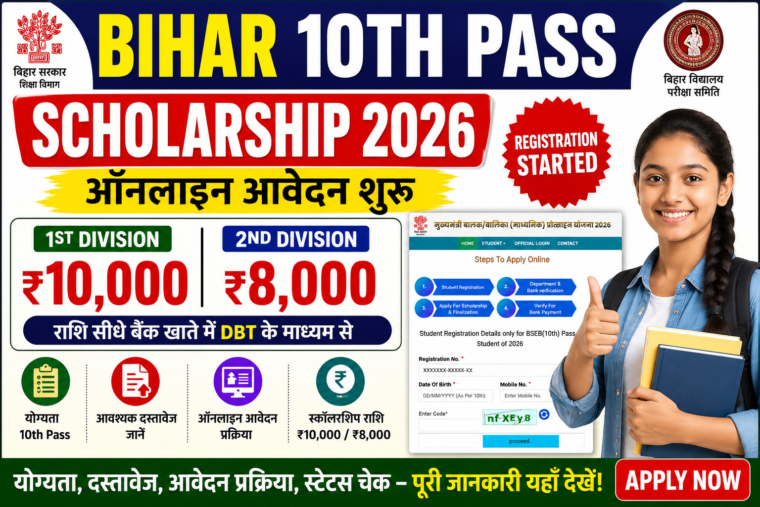 Bihar 10th Pass Scholarship 2026 Apply Online, First Division ₹10,000 Scholarship and Second Division ₹8,000 Scholarship Registration Started