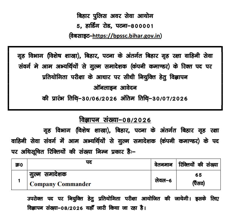 Bihar Home Guard Recruitment 2026
Bihar Home Guard Vacancy 2026
BPSSC Company Commander Recruitment 2026
Bihar Home Guard Company Commander Vacancy