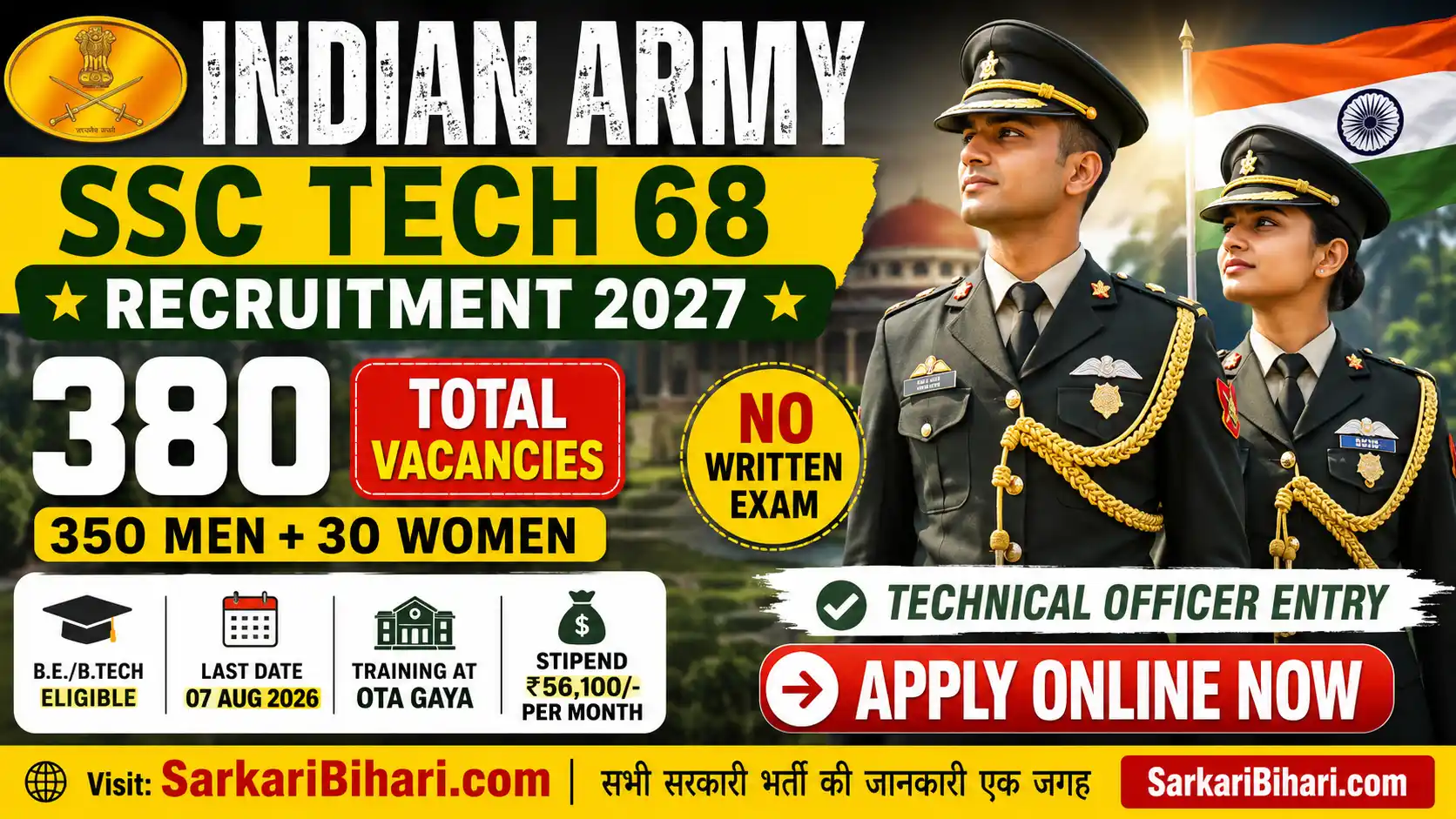 Indian Army SSC Tech 68 Recruitment 2027 Indian Army Technical Officer Recruitment 2027 Indian Army SSC Tech Apply Online 2027 Indian Army SSC Tech Notification 2027