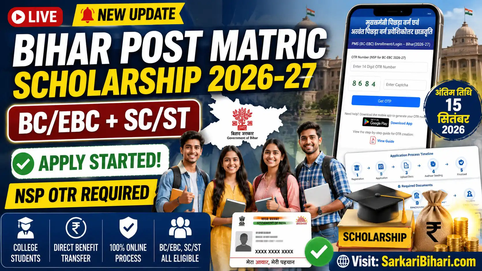 Bihar Post Matric Scholarship 2026-27 Bihar Scholarship Online Apply 2026 NSP OTR Registration Bihar Bihar PMS Scholarship 2026 scholarship