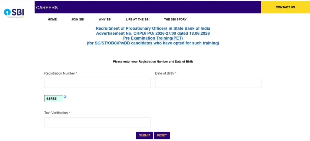 SBI PO Pre Exam Training PET 2026
SBI PO PET Login 2026
SBI PO PET Registration Number Login
SBI PO Pre Exam Training