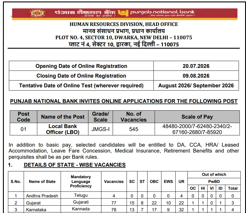 PNB LBO Recruitment 2026
Punjab National Bank LBO Vacancy 2026
PNB Local Bank Officer Online Form 2026
PNB Local Bank Officer Recruitment