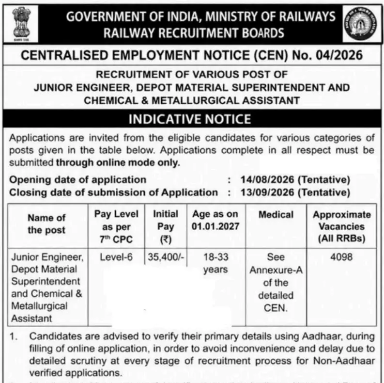 RRB JE Recruitment 2026
RRB JE 2026 Notification
Railway JE Vacancy 2026
RRB JE Apply Online 2026
