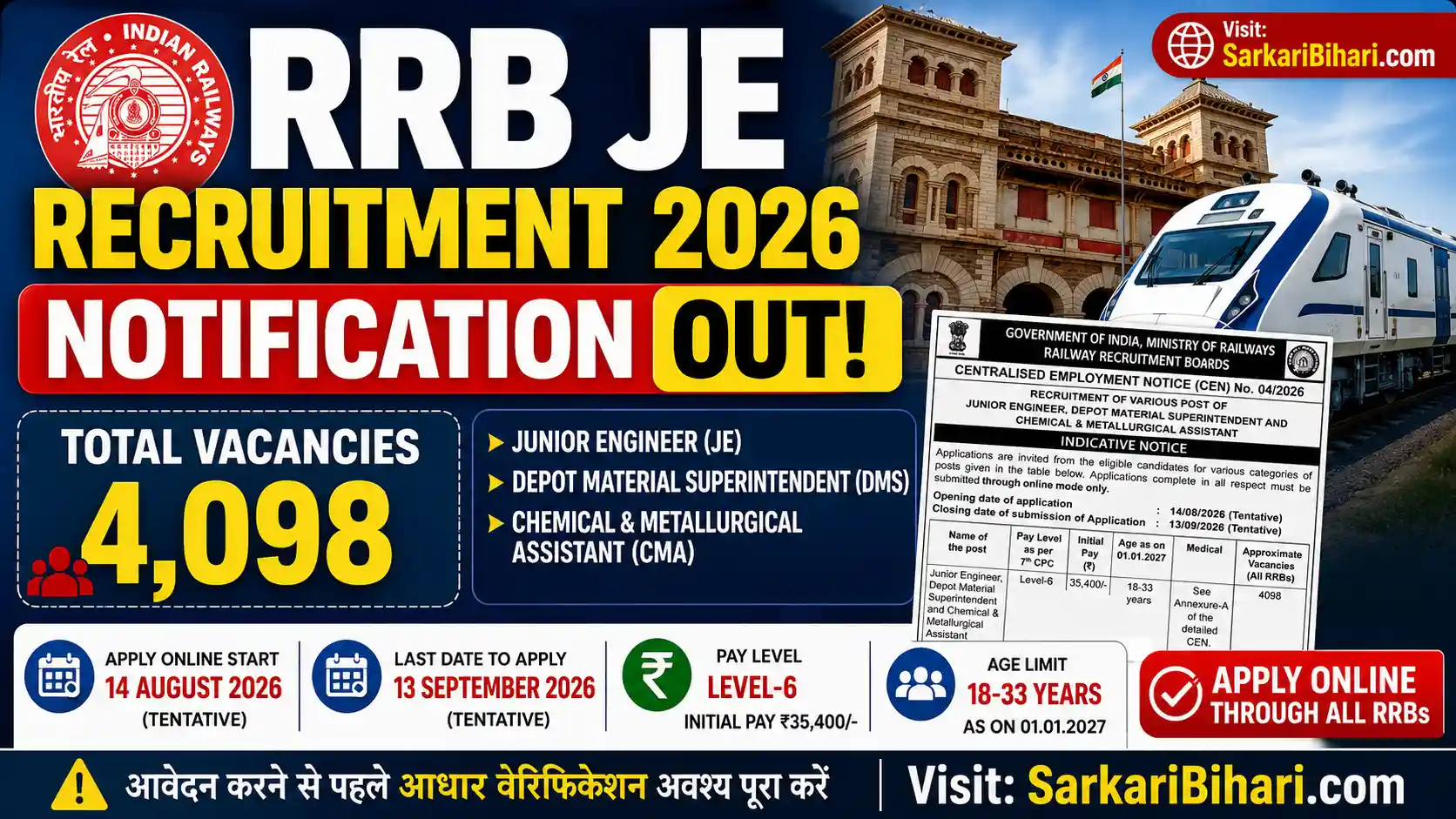 RRB JE Recruitment 2026 RRB JE 2026 Notification Railway JE Vacancy 2026 RRB JE Apply Online 2026