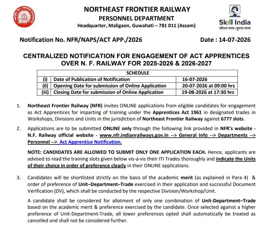 Railway NFR Apprentice Vacancy 2026
NFR Apprentice Recruitment 2026
Railway Apprentice Vacancy 2026
NFR Apprentice Apply Online