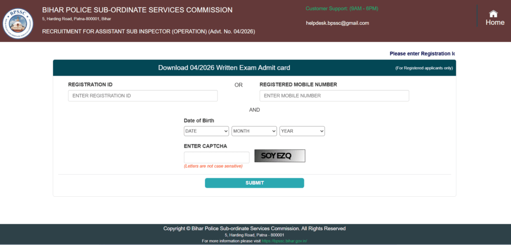 Bihar Police ASI Operation Admit Card 2026
Bihar Police ASI Admit Card 2026
Bihar Police ASI Operation Hall Ticket
Bihar Police ASI Exam Date 2026