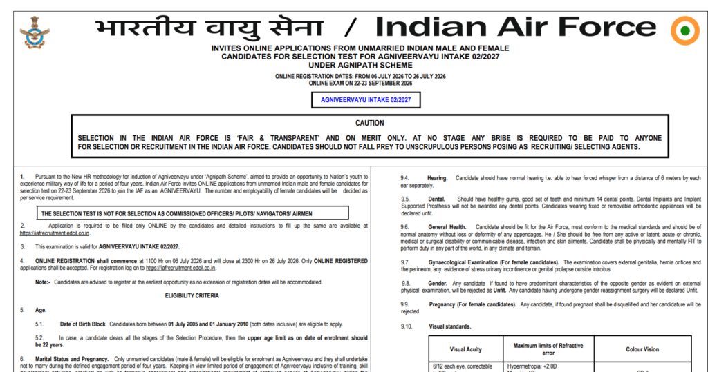 Indian Air Force Agniveervayu Recruitment
Air Force Agniveervayu Vacancy 2026
Agniveervayu Intake 02/2027
Indian Air Force Recruitment 2026