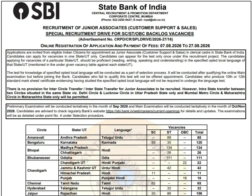 SBI Clerk Notification 2026
SBI Clerk Recruitment 2026
SBI Junior Associate Recruitment 2026
SBI Clerk Backlog Vacancy 2026
sbi clerk
