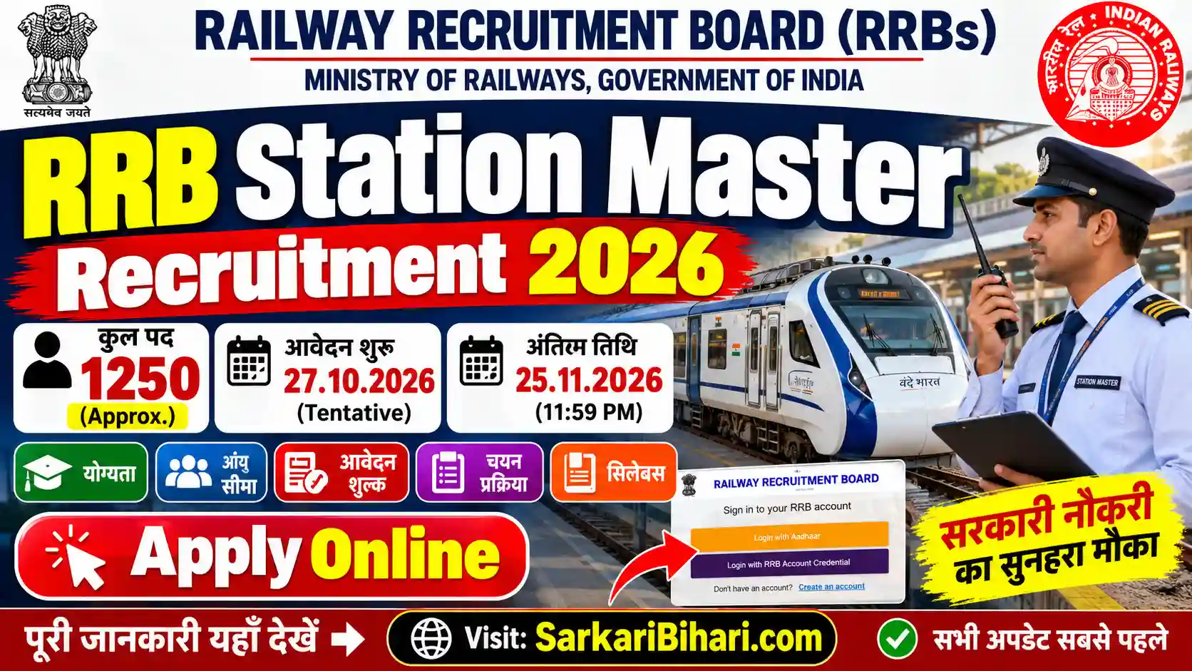 RRB Station Master Recruitment 2026 RRB Station Master Notification 2026 Station Master CEN 08/2026 Apply Online SarkariBihari.com RRB Station Master